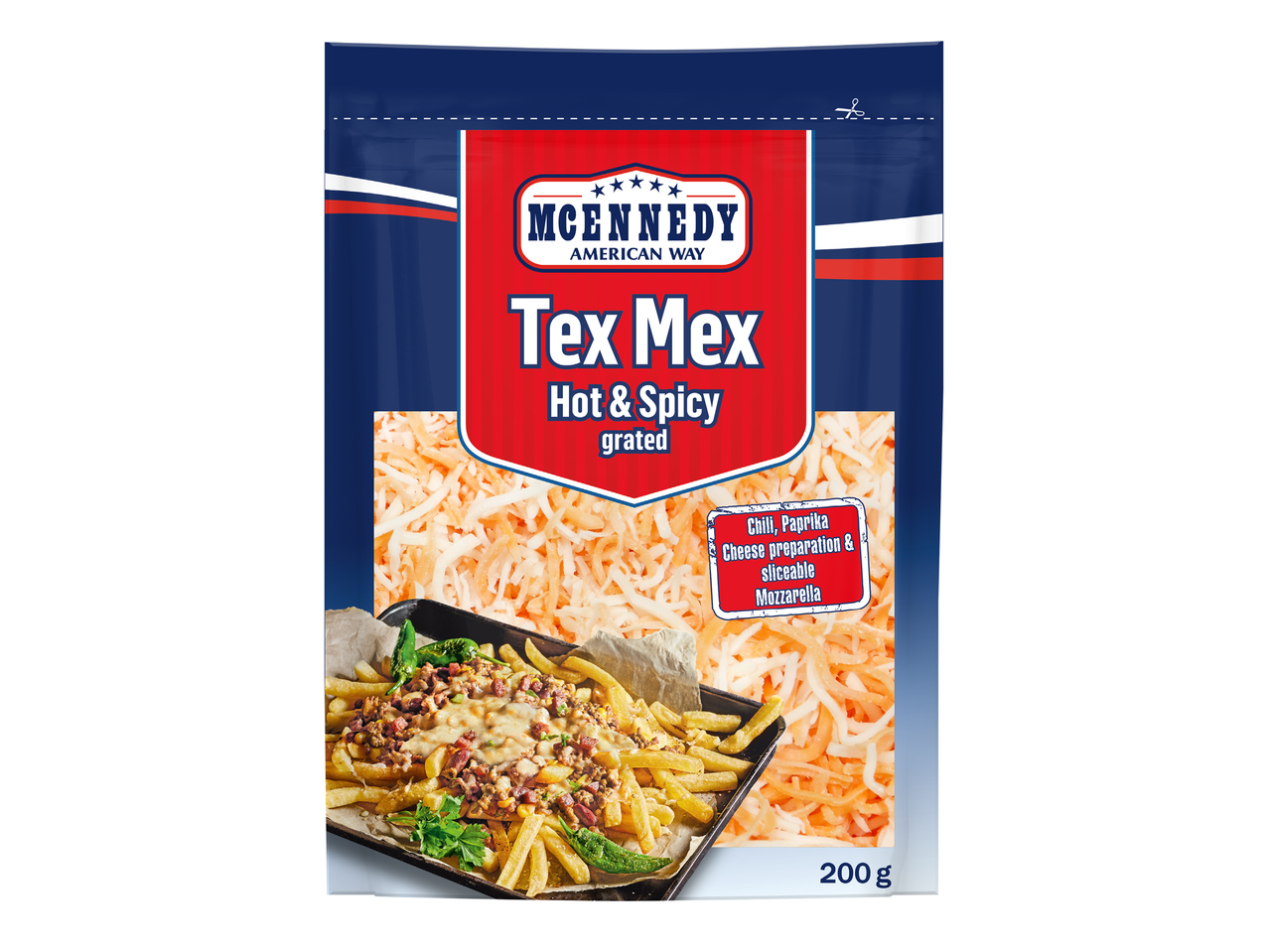 Опаковка настърган кашкавал Tex Mex Hot & Spicy с чили, червен пипер и моцарела, 200 гр.