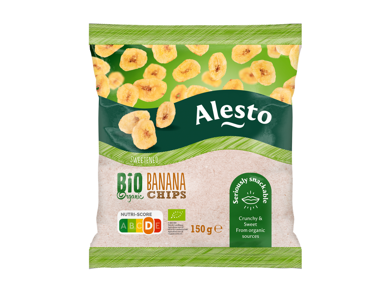 Alesto Bio Gezoete Bananenchips, 150g, met Nutri-Score B.