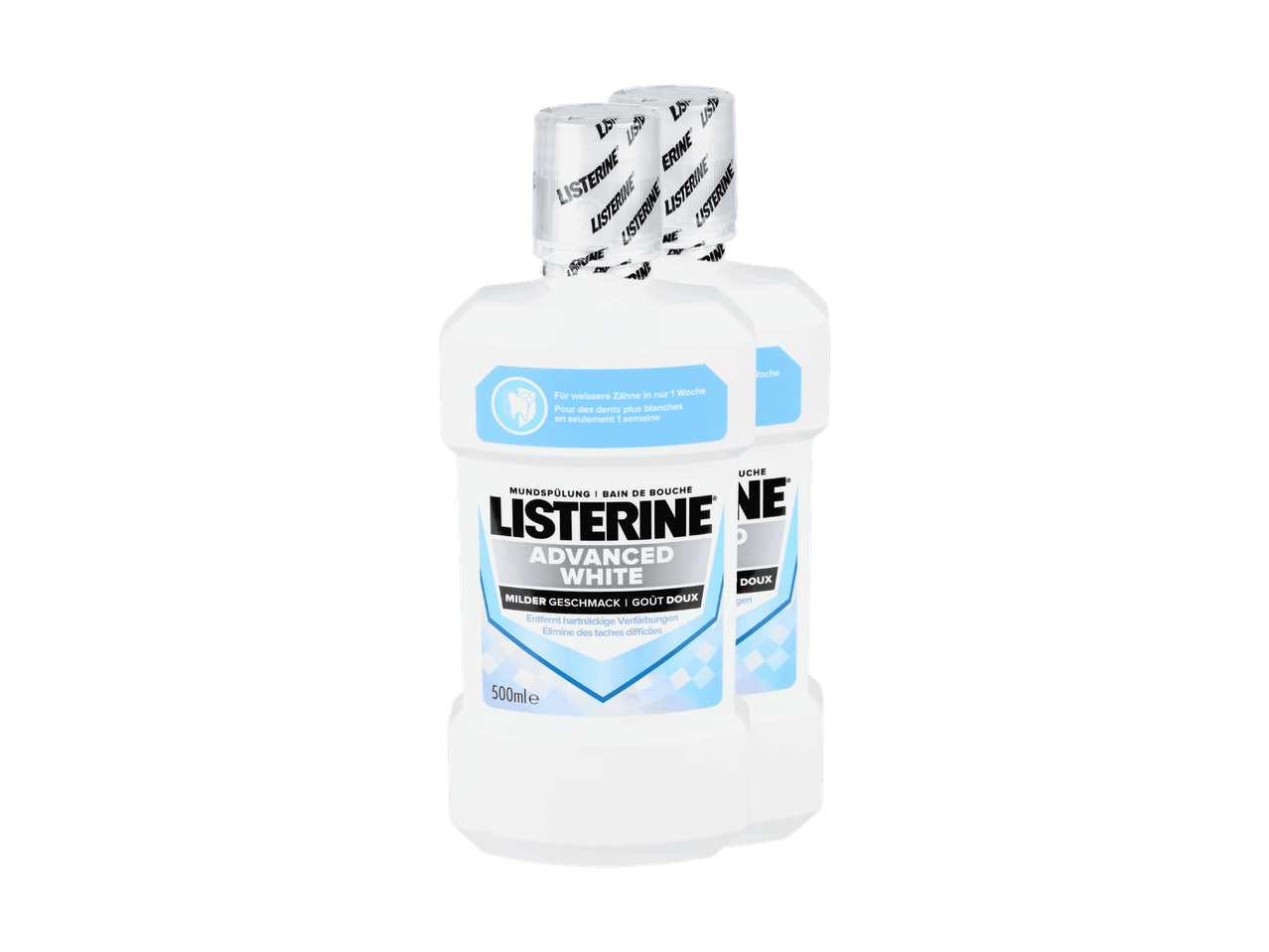 Deux flacons de bain de bouche blanchissant de 500 ml au goût doux.