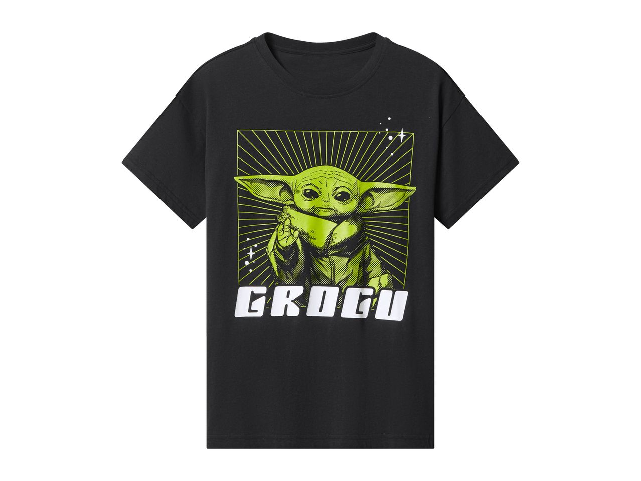 Black t-shirt with a green Grogu (Baby Yoda) graphic and the word 'GROGU' in white.