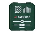Green case with white illustrations of screw extractors, tap wrenches, and screw sizes.