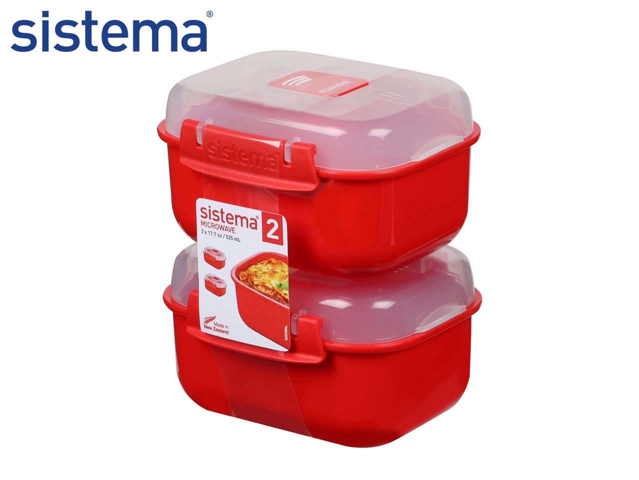 Two red microwave food containers with clear lids, stacked, with a label showing food inside.