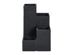 Black tiered planter with three square compartments, textured finish.