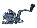 Blue fishing reel with a black handle and silver accents.