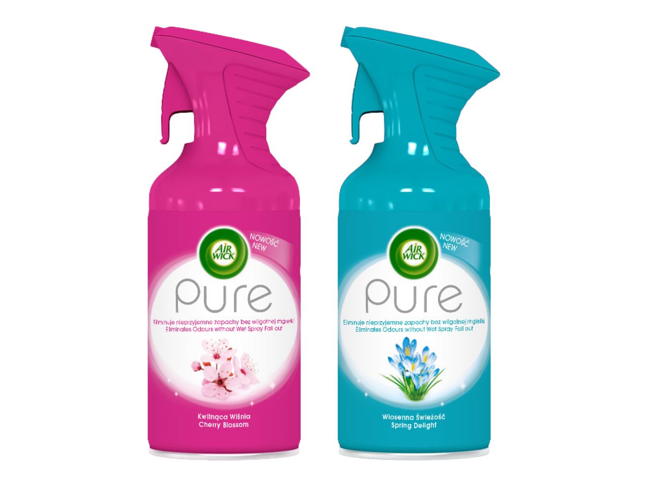 Divi Air Wick Pure gaisa atsvaidzinātāji: rozā ar ķiršu ziedu aromātu un zils ar pavasara svaiguma aromātu.