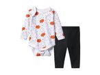 Baby Halloween-themed bodysuit with ghosts and pumpkins, paired with black leggings