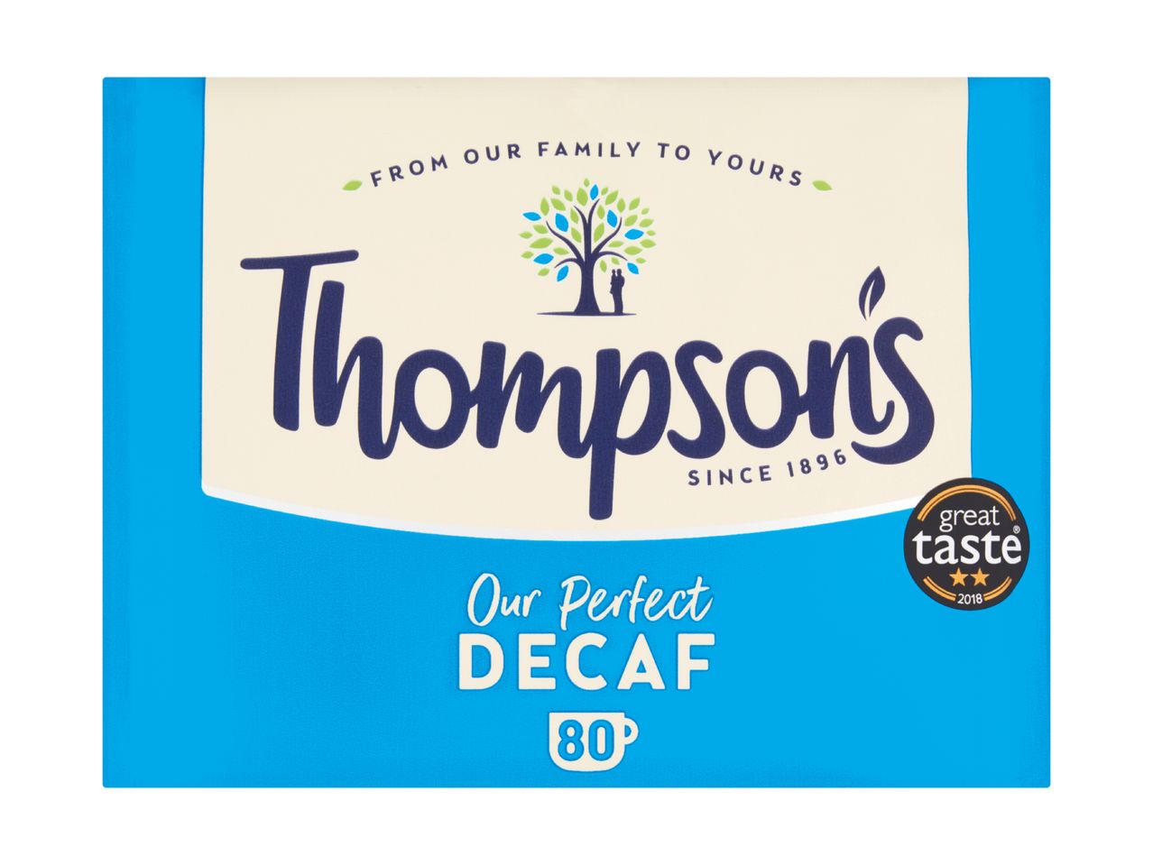 Blue and cream packaging for decaffeinated coffee, featuring a tree logo and 'Great Taste 2018' award.