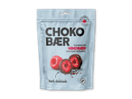 Pose med frysetørrede hindbær overtrukket med mørk chokolade.