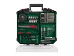 An open tool kit with various drill bits, screwdriver bits, a utility knife, and a tape measure.