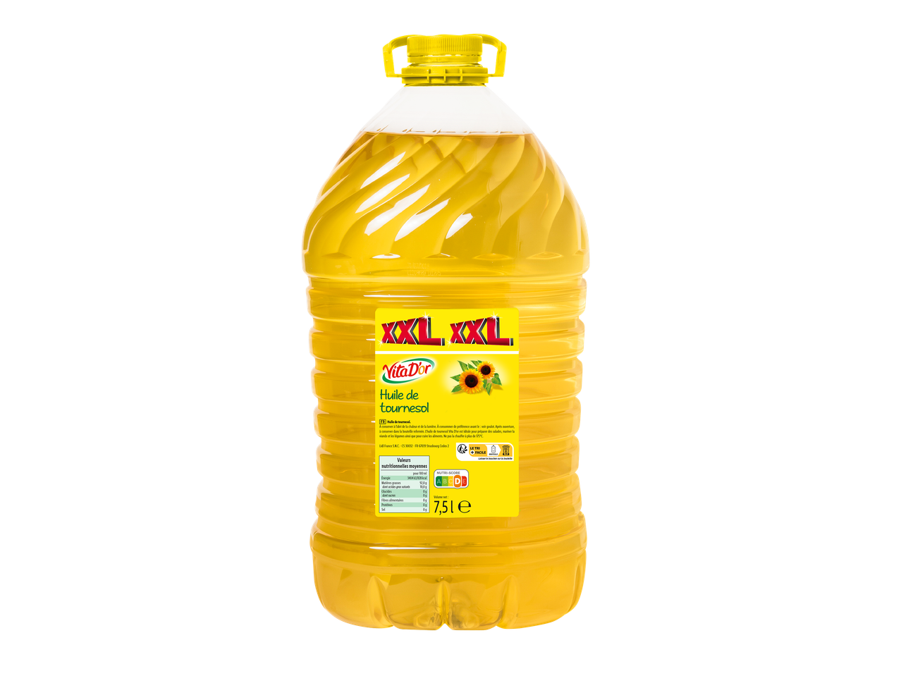 Bouteille d'huile de tournesol de 7,5 litres avec étiquette jaune et Nutri-Score.