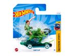 Hot Wheels Surf's Up toy car with a green surfer figure on a blue wave background.