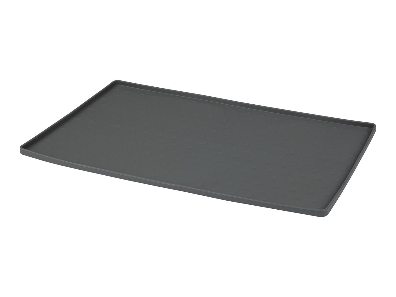 A dark grey rectangular silicone pet feeding mat with a textured surface.