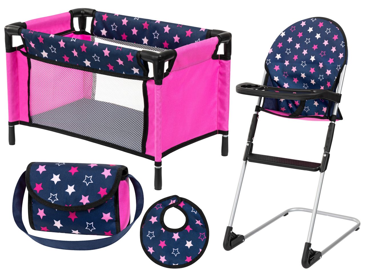 Комплект аксесоари за кукли: кошара, столче за хранене, чанта и лигавник със звездички.