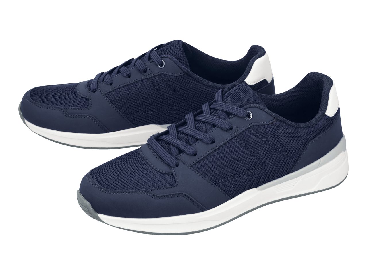 Pair of navy blue men's sneakers with white and grey soles.
