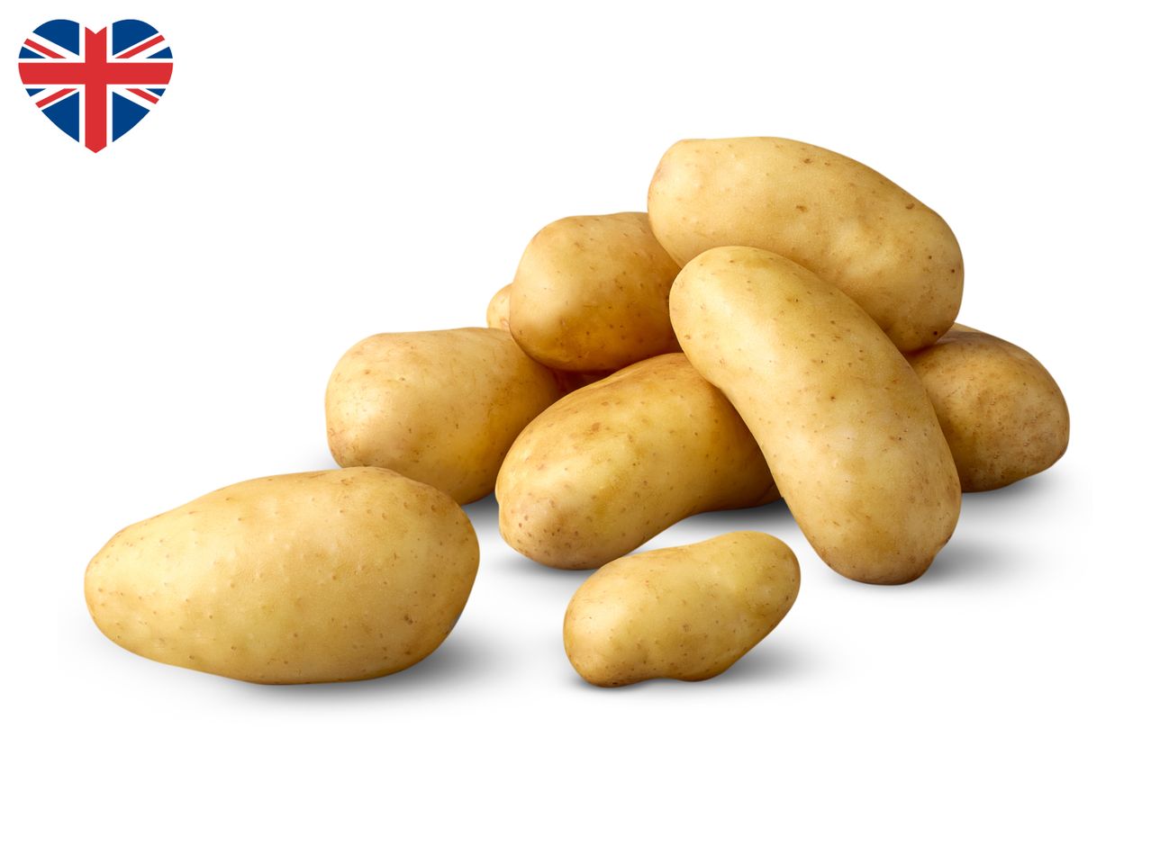 A pile of fresh potatoes with a heart-shaped Union Jack flag in the top left corner.