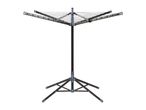 A grey and black rotary clothes dryer with a tripod base, designed for outdoor use.