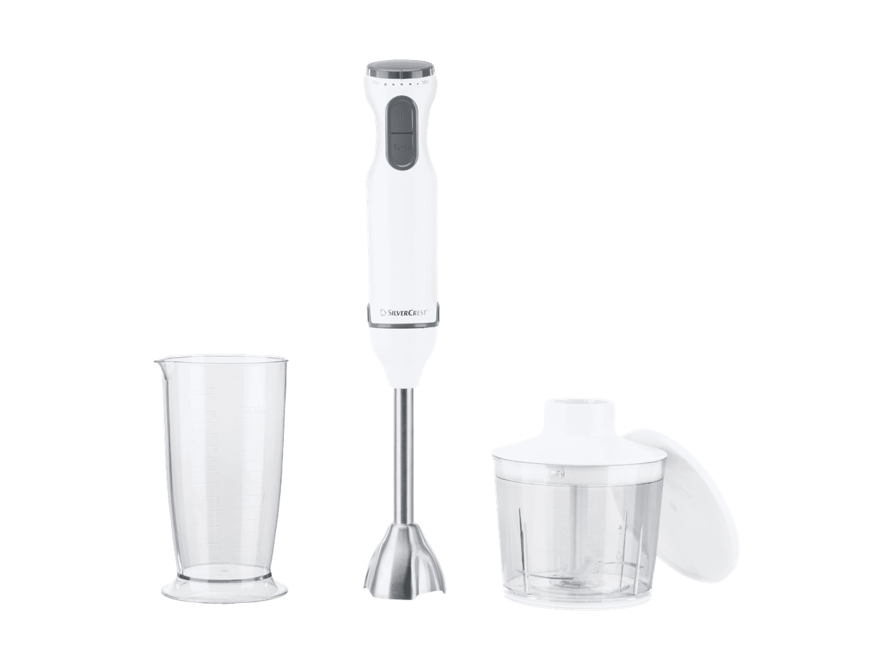 Hvid stavblender med målebæger og minihakker.