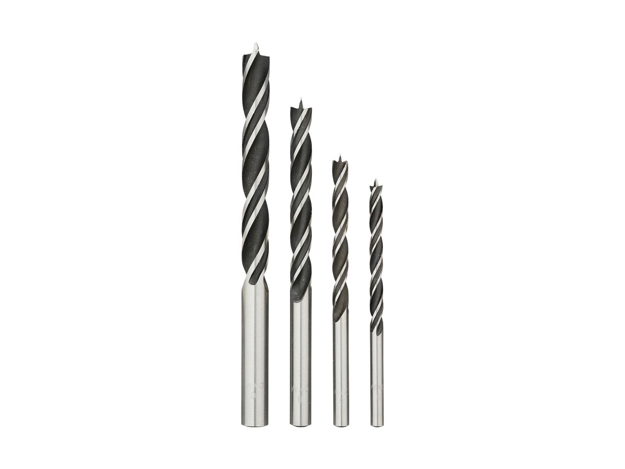 Four twist drill bits of varying sizes are shown against a white background.