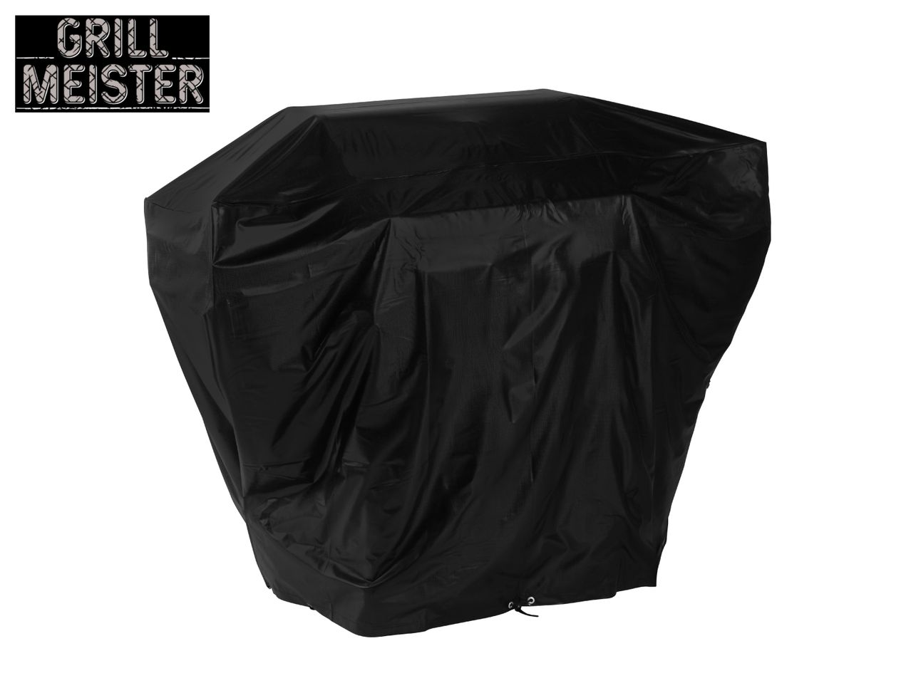 Black grill cover with 'GRILL MEISTER' logo, protecting a barbecue.