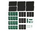 PARKSIDE® šķirošanas un uzglabāšanas komplekts: melni perforēti paneļi, zaļi un melni konteineri, instrumentu turētāji.