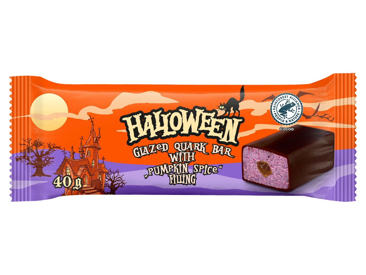 Halloween-i mázas túrórúd sütőtökös fűszeres töltelékkel, 40 g-os kiszerelésben.