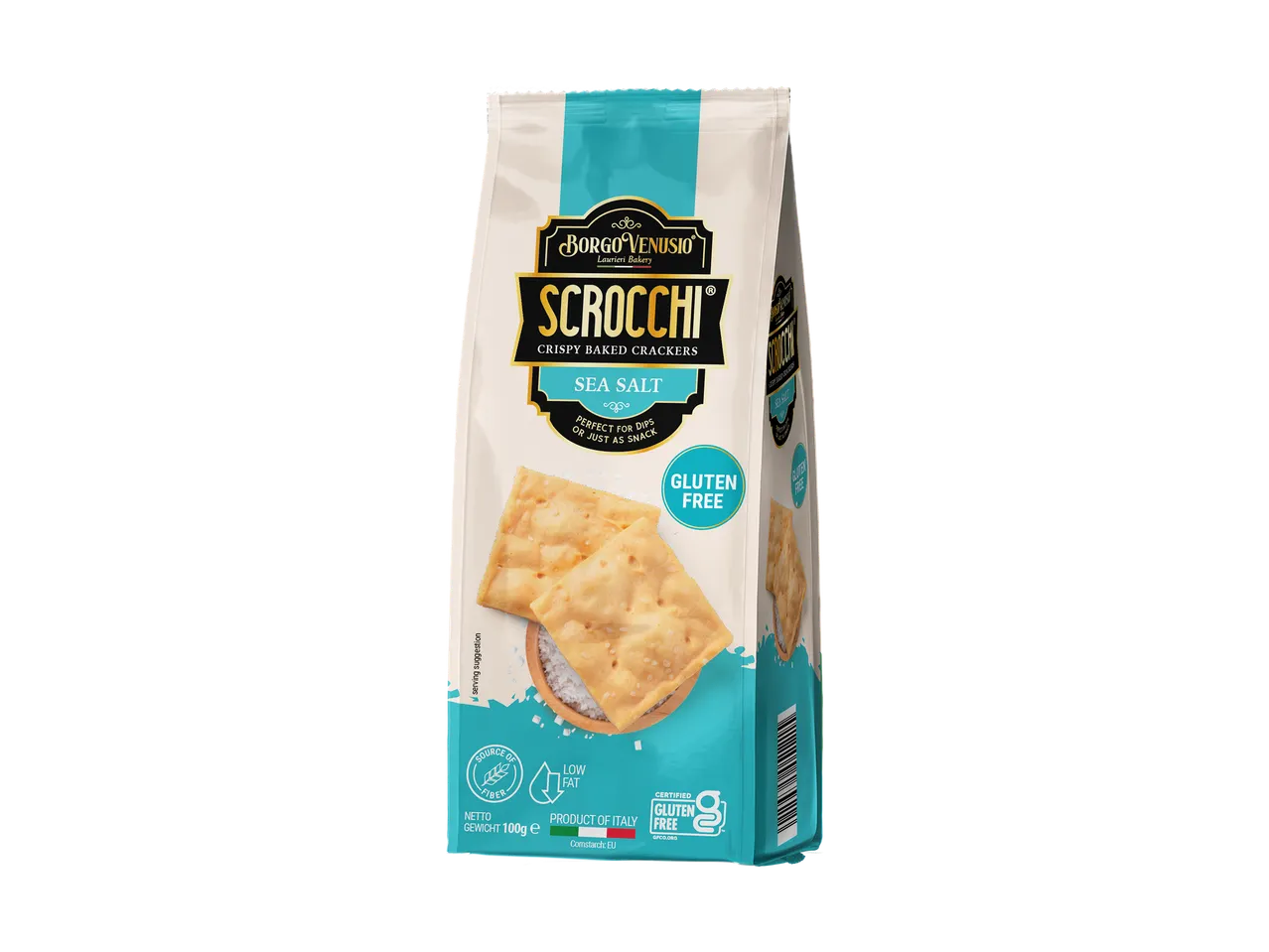 Verpakking van glutenvrije, knapperige crackers met zeezout, laag in vet en een bron van vezels.