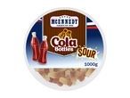 Round container of sour cola bottle-shaped gummy candies, with a label featuring cola bottles.
