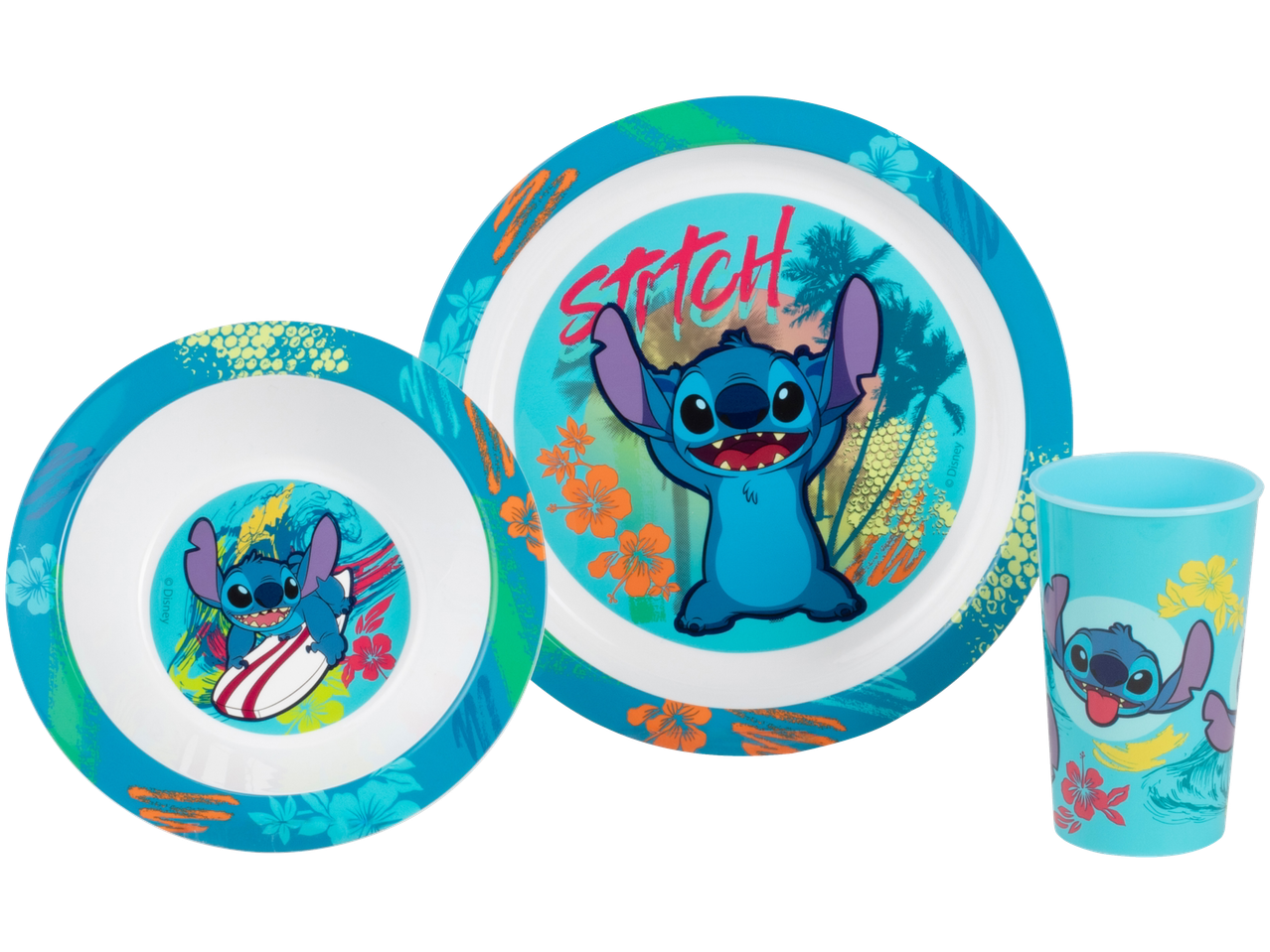 Barnporslin Stitch Disney med tallrik, skål och mugg.
