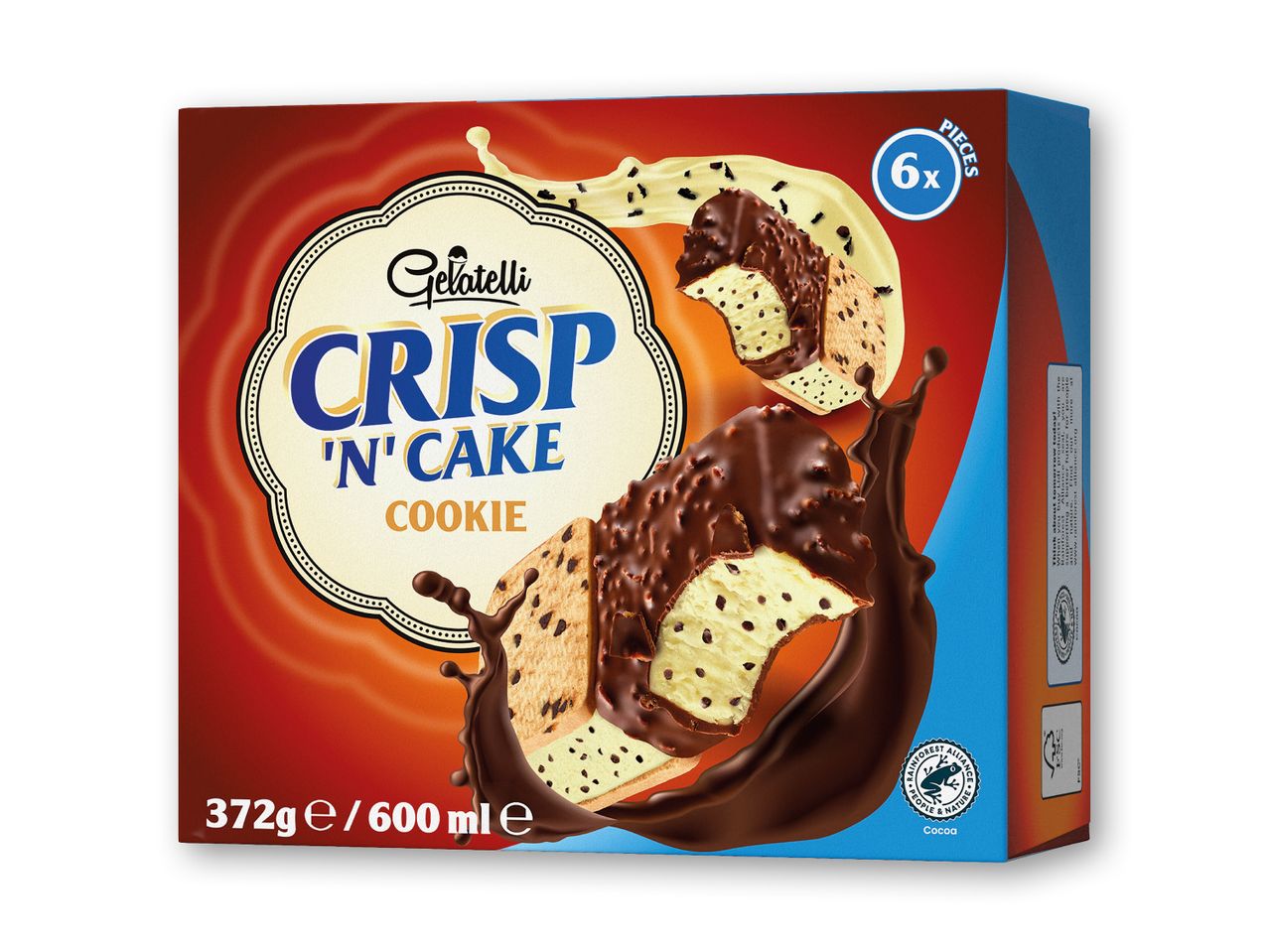 Pakke med 6 sprøde isbarer med kage og cookie-smag, 372g/600ml.