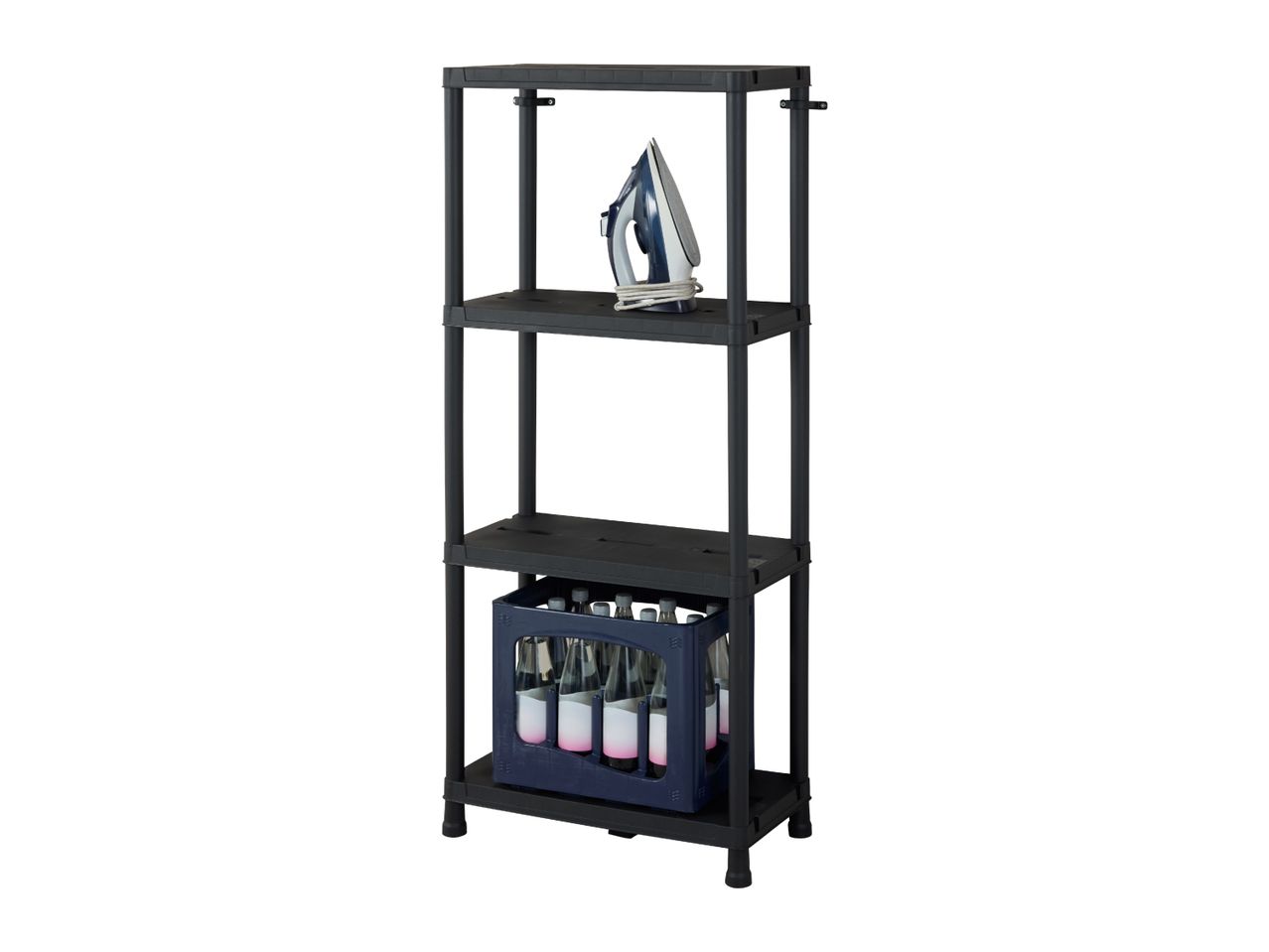 Black plastic shelving unit with an iron and a crate of bottled drinks.