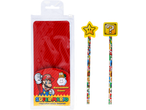 Super Mario pencils with star and question block toppers in a reusable case.