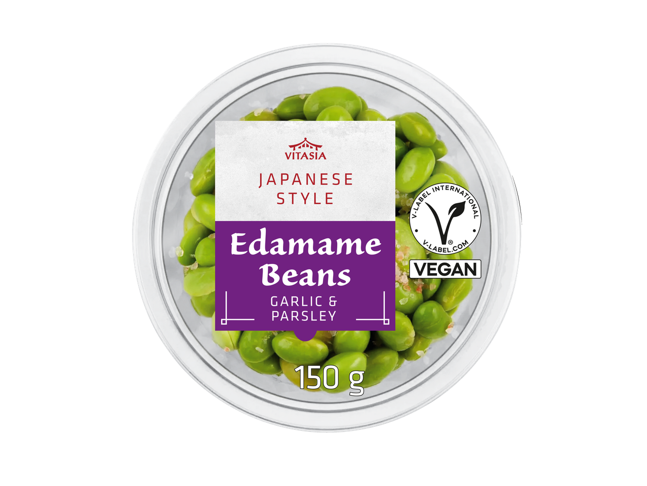 Japanese style edamame beans with garlic and parsley, 150g, vegan.