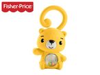 Yellow bear-shaped baby rattle with a curly handle and colorful beads inside.