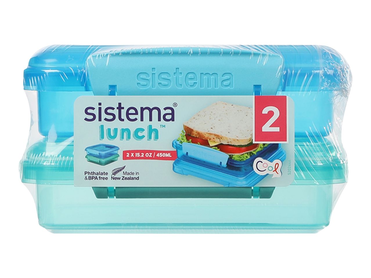 Two blue lunch boxes, 15.2 oz / 450ml each, with a sandwich shown on the label.