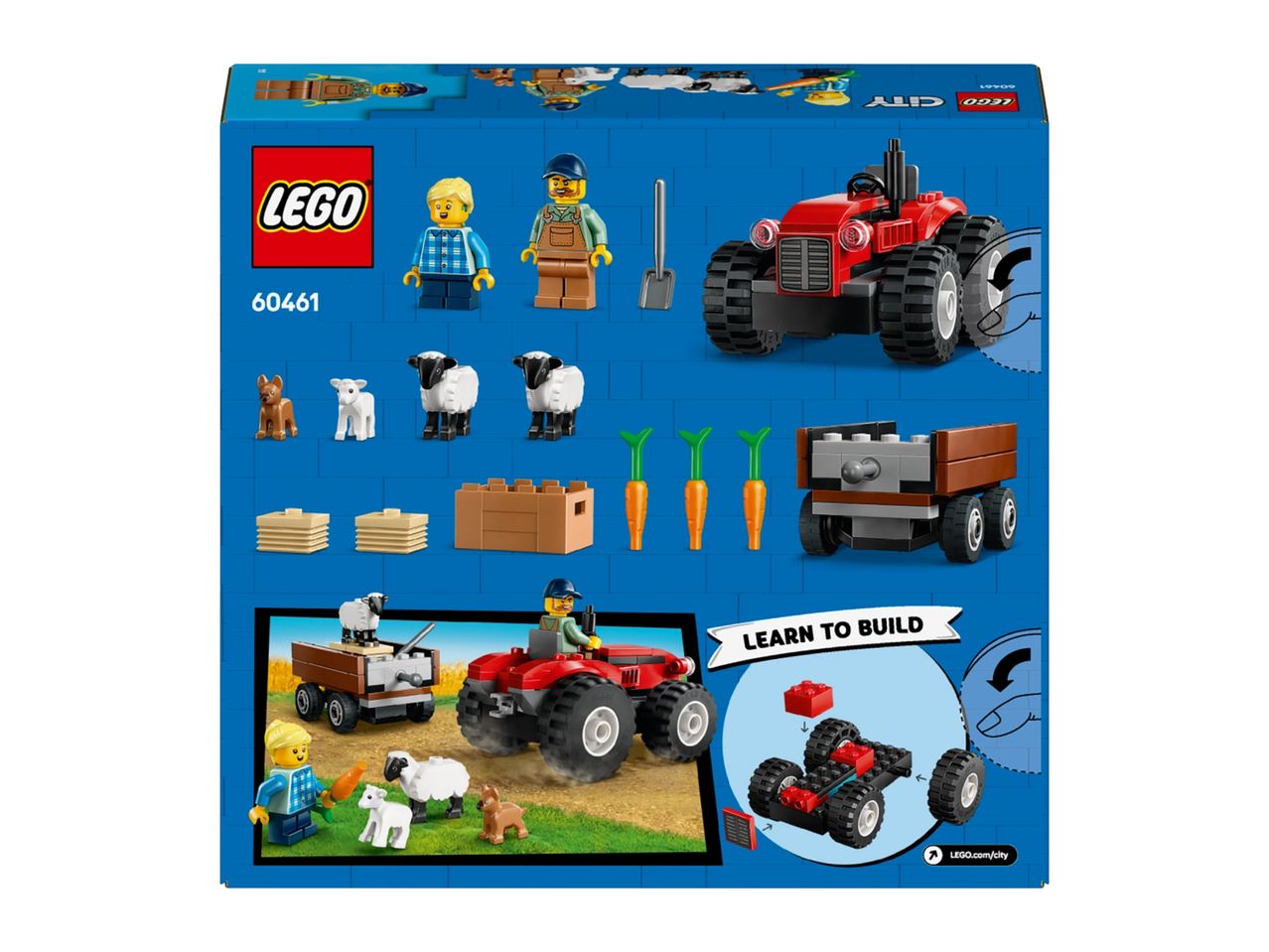 LEGO City Farm Tractor set 60461 with minifigures, animals, and accessories.