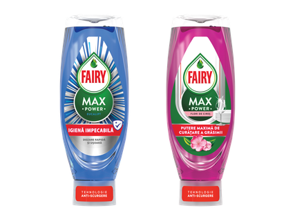 Două sticle de detergent de vase, una albastră cu eucalipt și una roz cu flori de cireș.