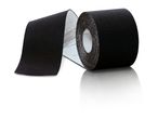 Black kinesiology tape roll with a white backing, partially unrolled to show the adhesive side.