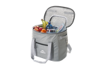 Saco térmico cinzento com fruta, uma garrafa de água e recipientes de comida.