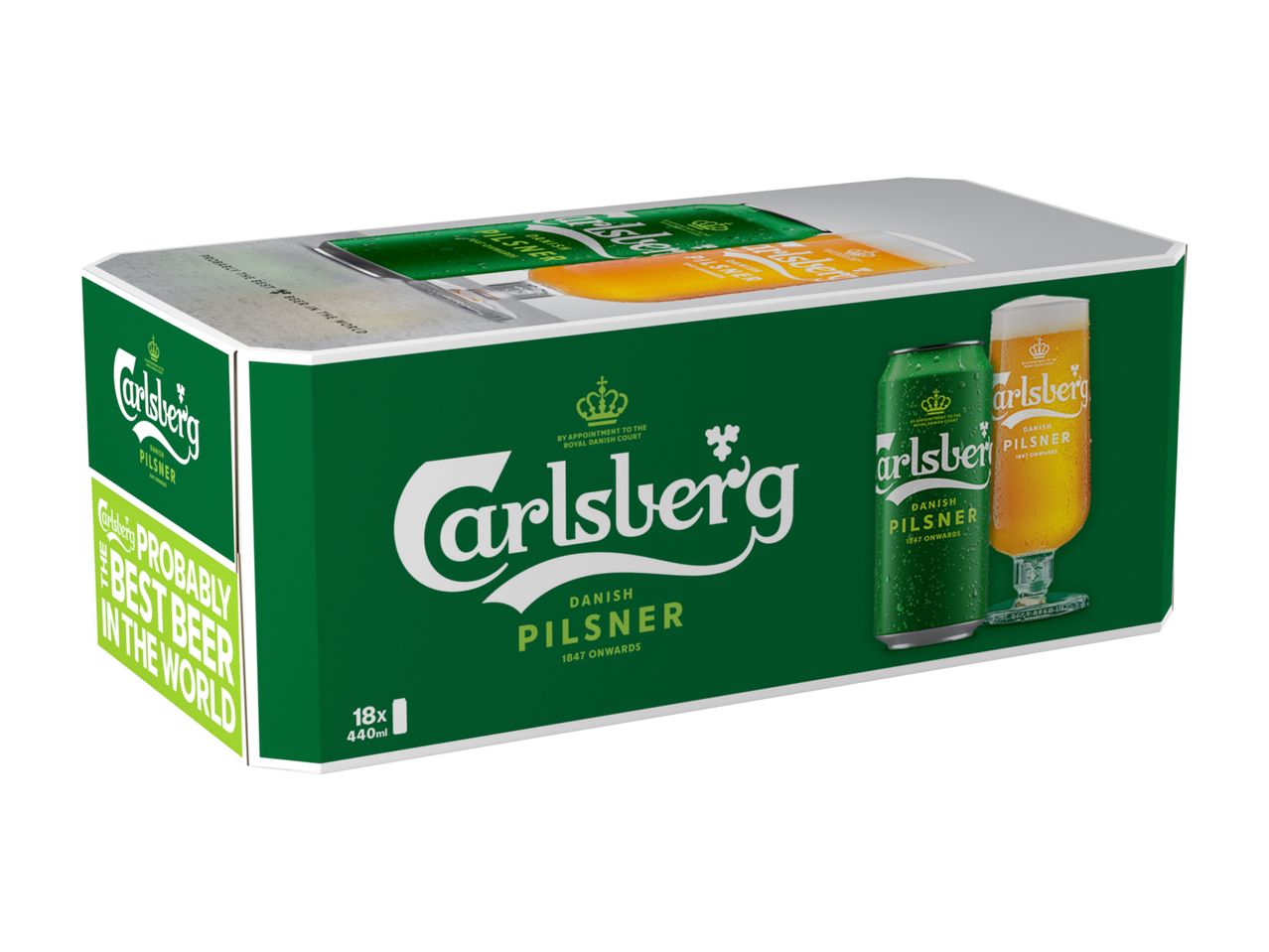 18-pack of Carlsberg Danish Pilsner beer cans in a green box.