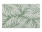 Green and white outdoor rug with a tropical palm leaf pattern.