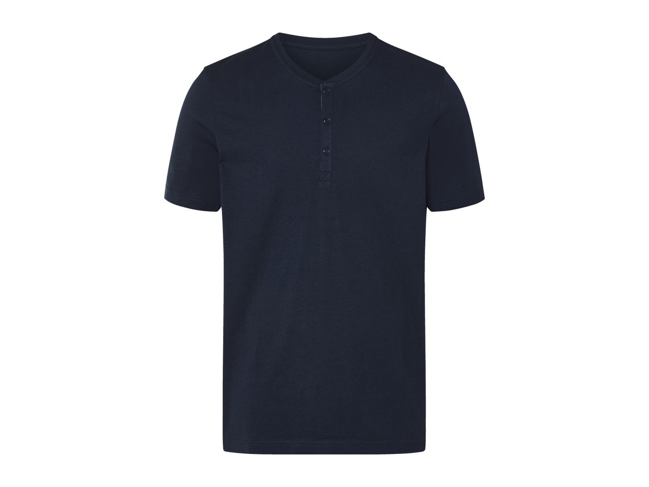A navy blue henley short-sleeve t-shirt.