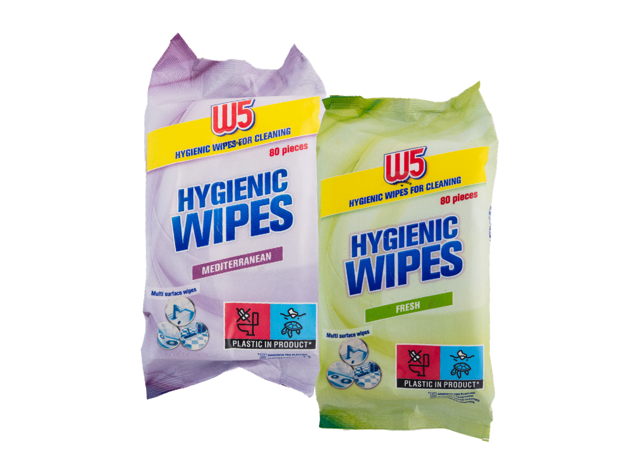 Dva pakovanja higijenskih vlažnih maramica, jedno mediteranskog mirisa, drugo svežeg, sa natpisom „PLASTIC IN PRODUCT“.