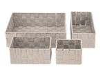 Set of four gray woven storage baskets in varying sizes.