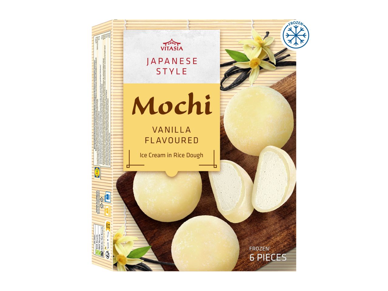 Japanese style vanilla mochi ice cream in rice dough, 6 pieces, frozen.