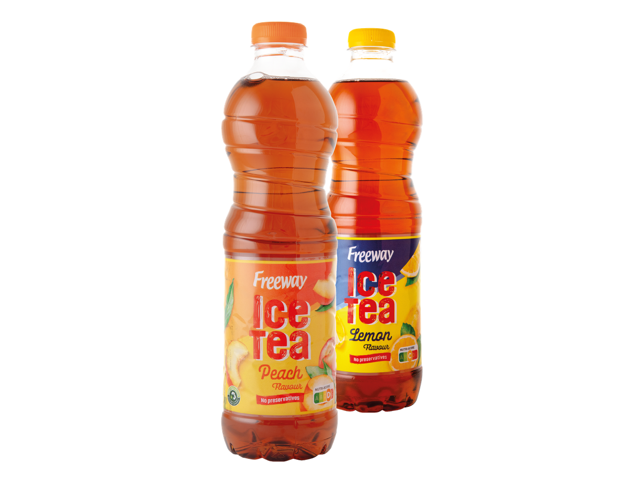 Dvije boce ledenog čaja, jedna s okusom breskve i druga s okusom limuna.
