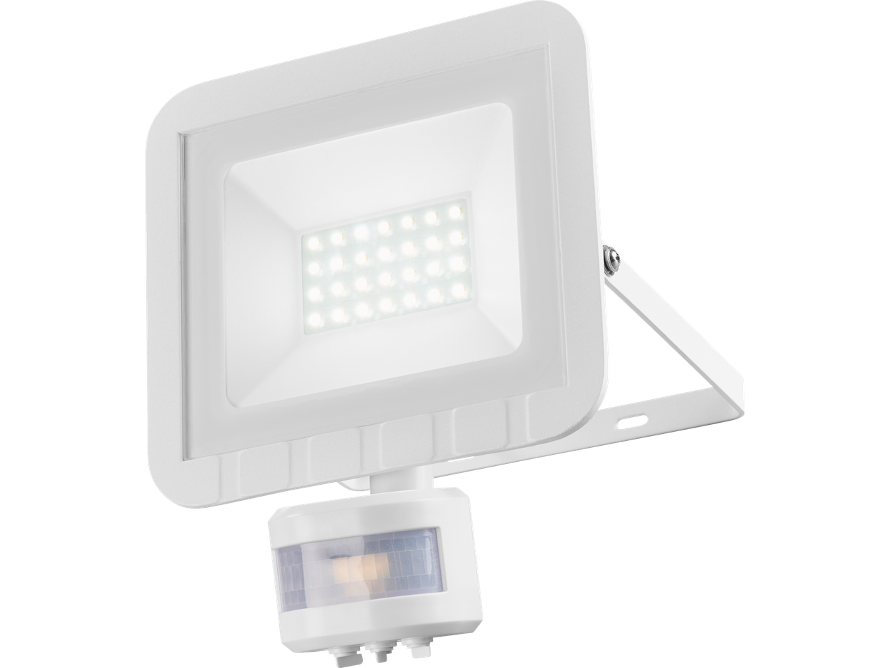 White LED floodlight with integrated motion sensor.