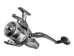 A silver fishing reel with a black handle, featuring text indicating '4 Ball Bearing' and 'One Way Clutch'.