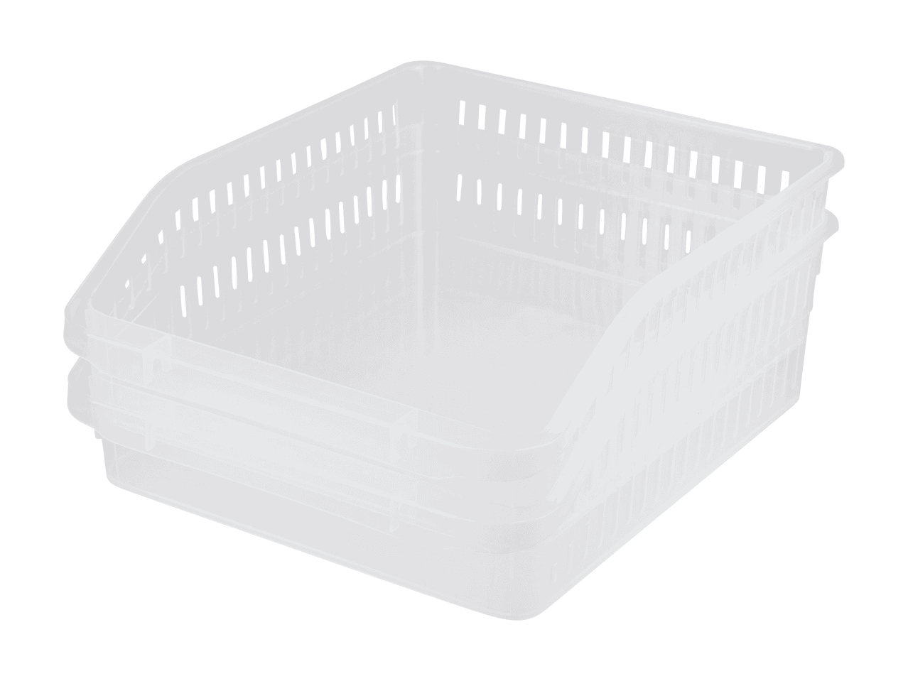 Drei gestapelte, transparente Kunststoffkörbe mit Schlitzen