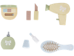 A set of Lupilu wooden beauty accessories, including eyeshadow, lipstick, hairdryer, perfume, nail polish, and a hairbrush.