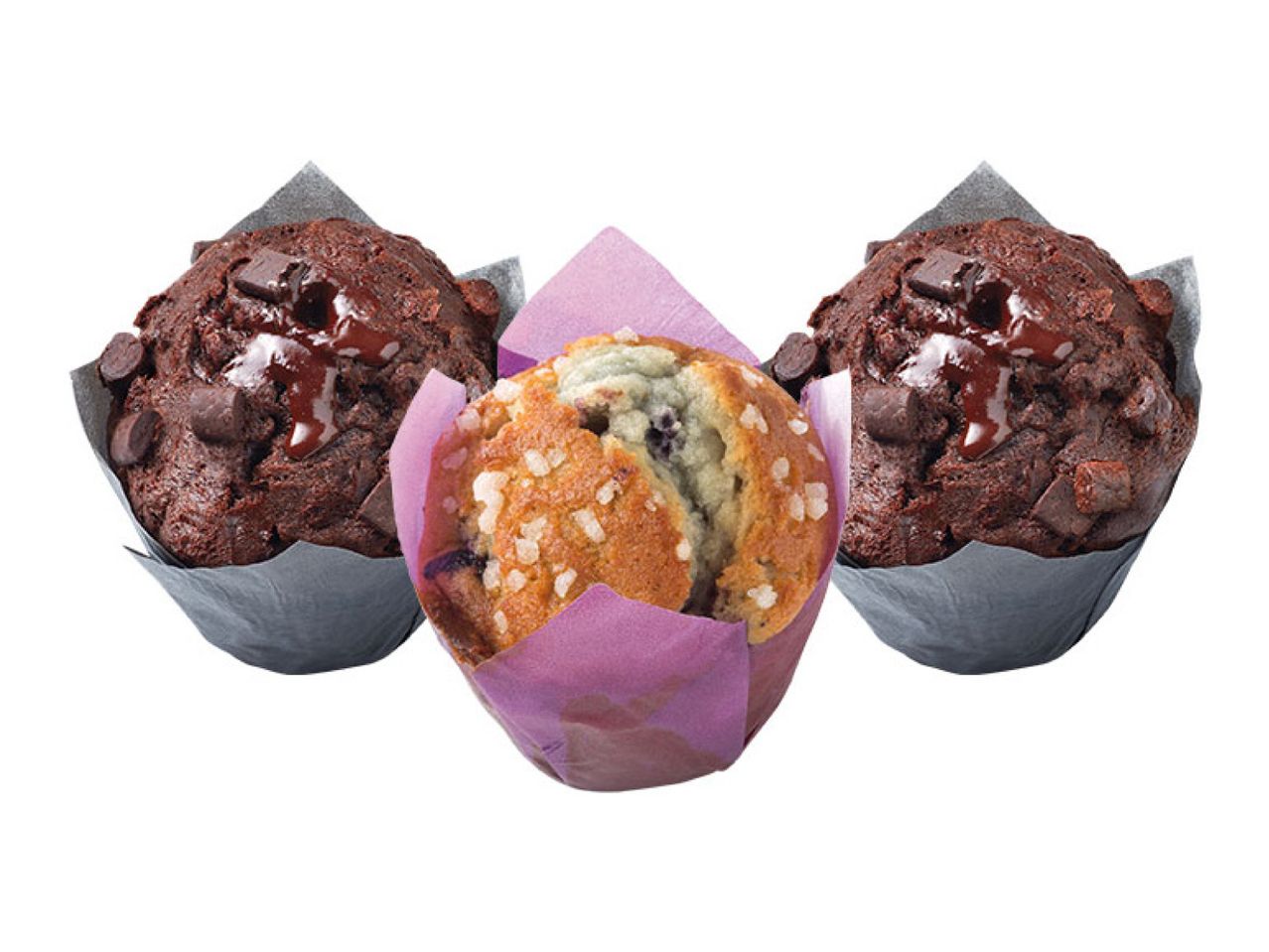 Two chocolate muffins with chocolate chips and one blueberry muffin with sugar crystals.